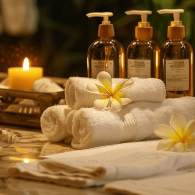 Rolled towels, amber oils and plumeria, styled on marble