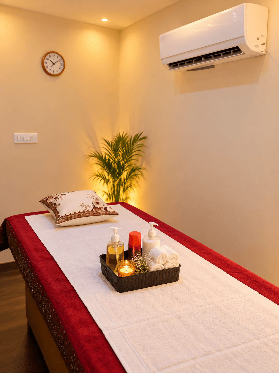 A treatment suite, warm and unhurried in daylight